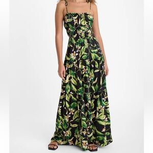 NWT EXPRESS Floral Square Neck Sleeveless Tie Shoulder Ruched Tiered Maxi Dress